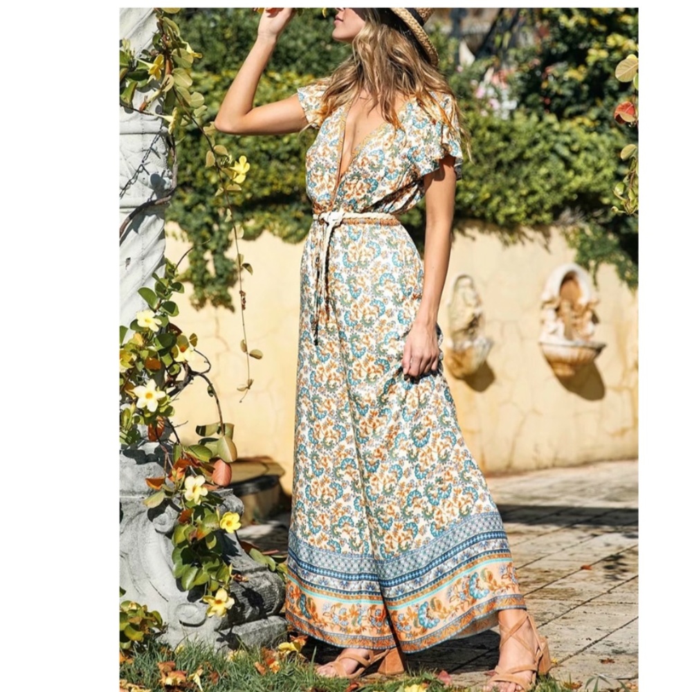 Blue Boho gypsy floral print wide leg jumpsuit